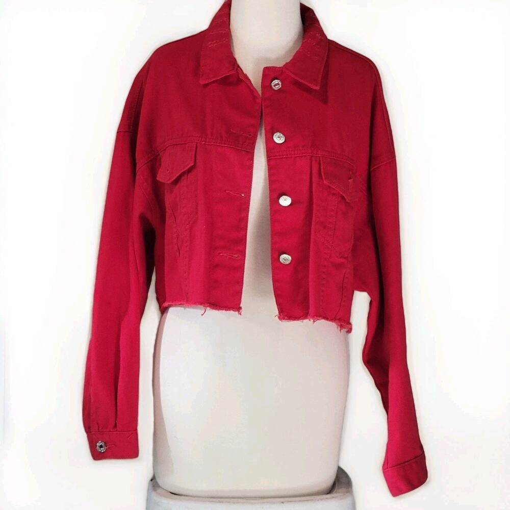 Strauss Ao Red Classic Button Denim Jean Collared Long Sleeve Jacket Women Sz M